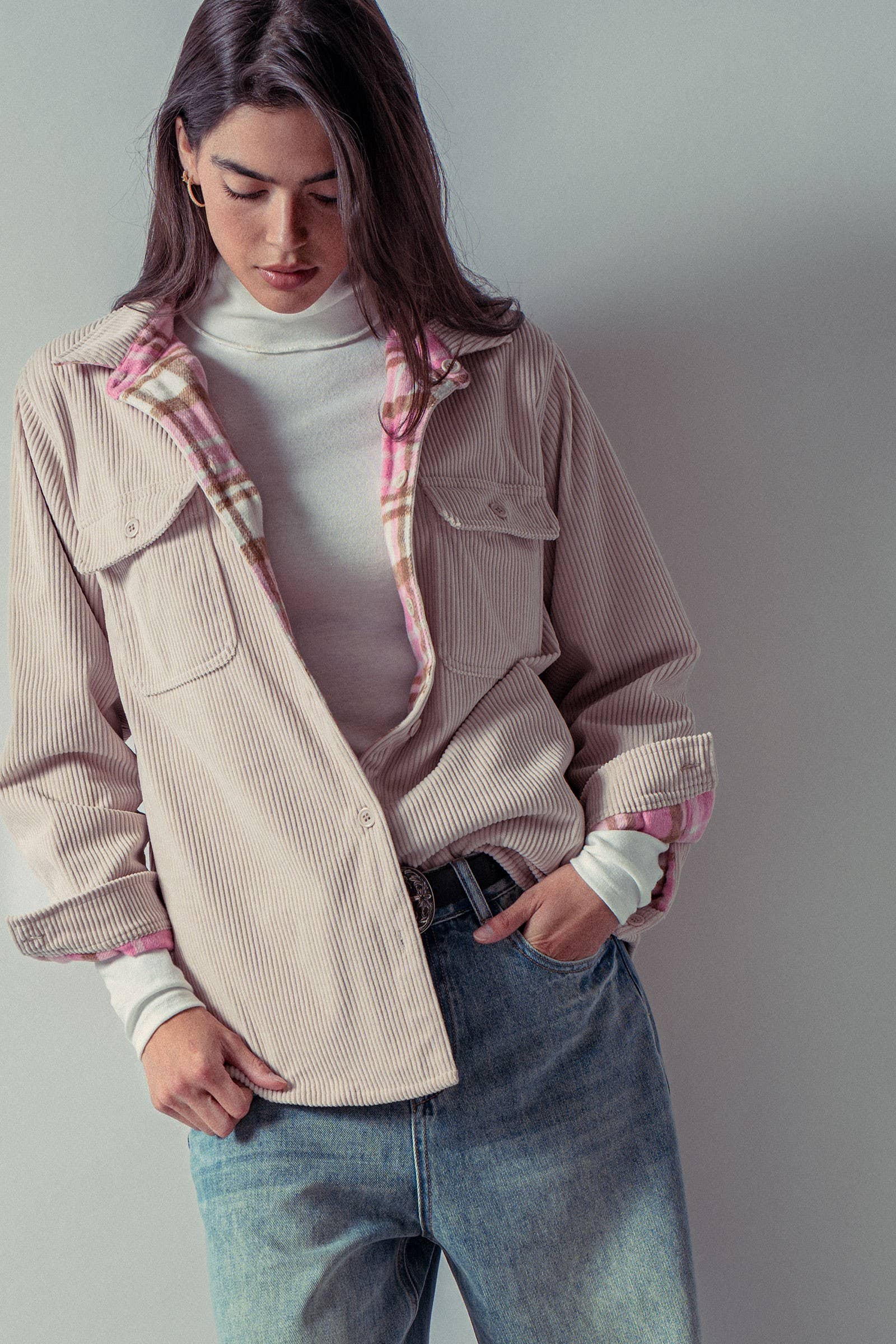 Urban Daizy - Wholesale Shirt Jacket/Shacket - Women's - Plaid Flannel-Lined Corduroy Shacket4