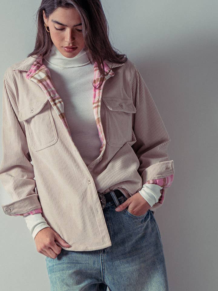 Urban Daizy - Wholesale Shirt Jacket/Shacket - Women's - Plaid Flannel-Lined Corduroy Shacket4