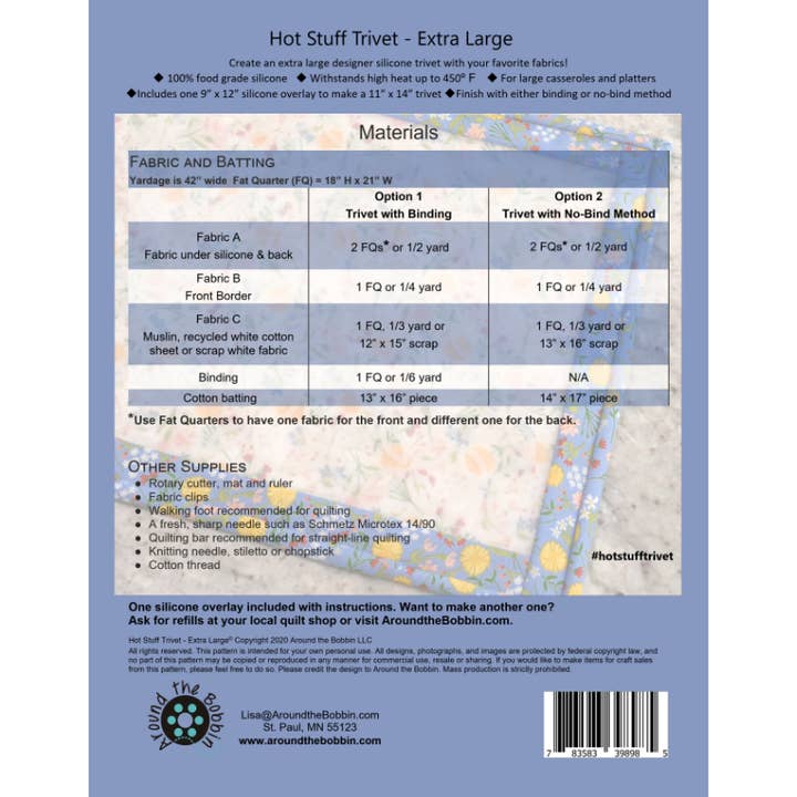 Around the Bobbin - Wholesale Craft Supplies - Hot Stuff Trivet - XL | Sewing Pattern + Silicone