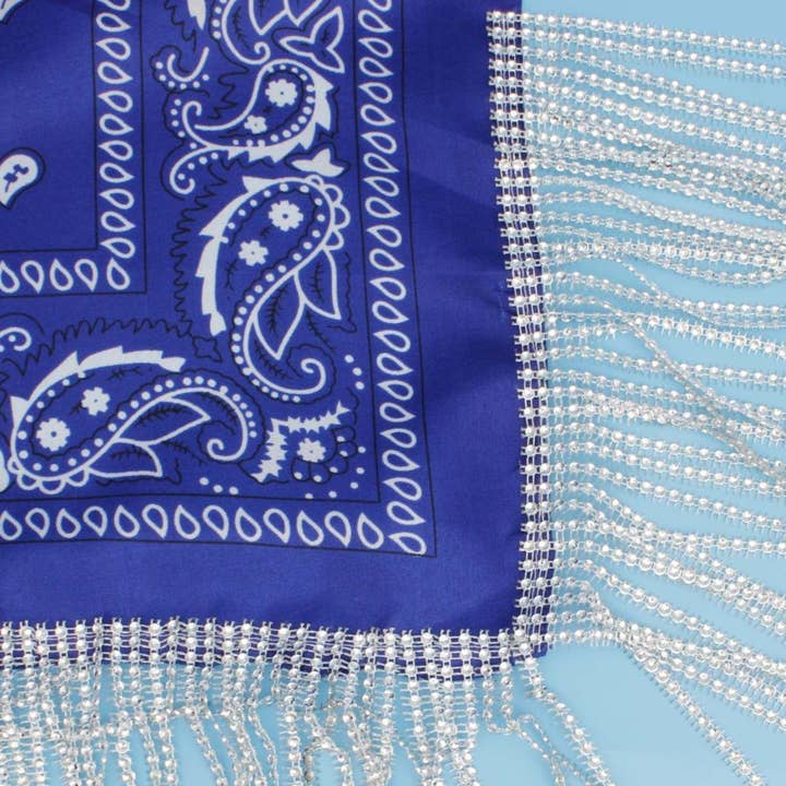 ZPB Blue and White Bandana Bling Fringe Necklace for wholesale on Faire