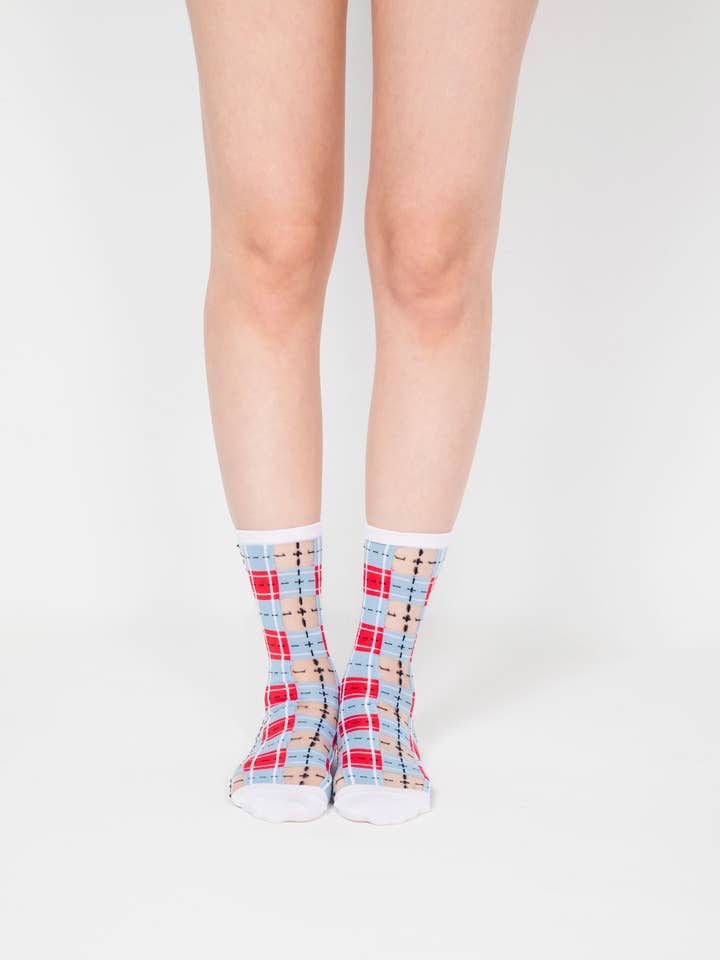 PAPERSELF - Wholesale Socks - Women's - Tartan Sheer Socks - Blue & Red