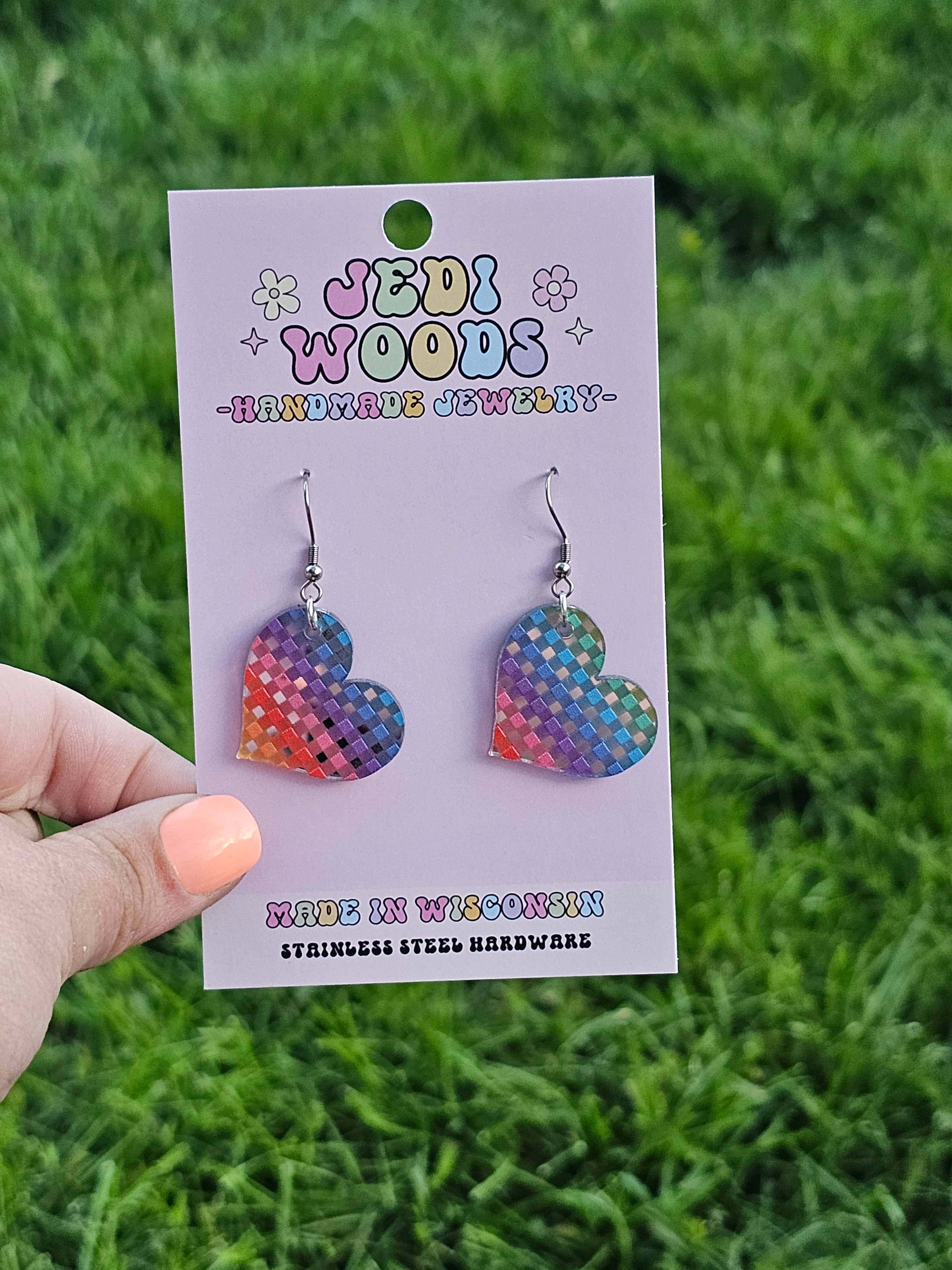 Jedi Woods LLC - Wholesale Dangle Earrings - Rainbow Plaid Heart Earrings on Silver Mirror Acrylic3