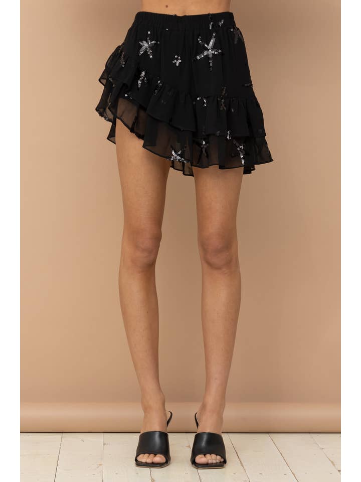 RØD 32425S - Chiffon Stjerne Paillet Print Asymmetrisk Nederdel for engroshandel på Faire7