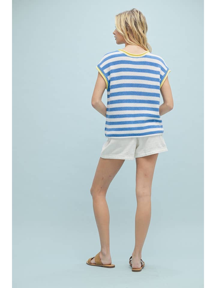 BLUE COMBO STRIPED CONTRAST SWEATER KNIT TOP / WL25-10271 for wholesale on Faire