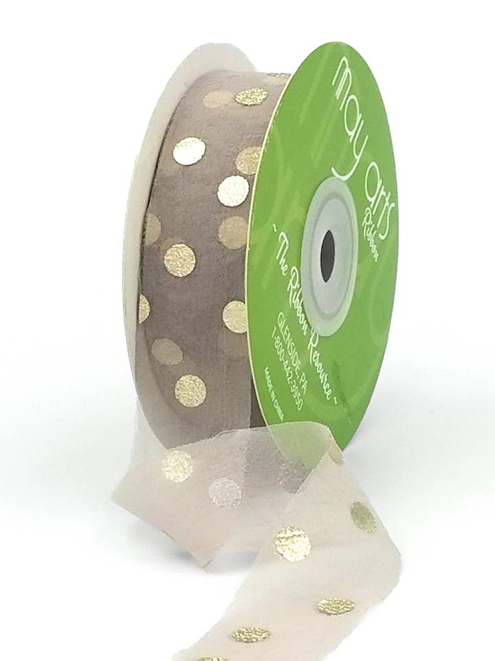 ~1" Metallic Polka Dot Soft Gray Sheer Ribbon for wholesale by May Arts Ribbon