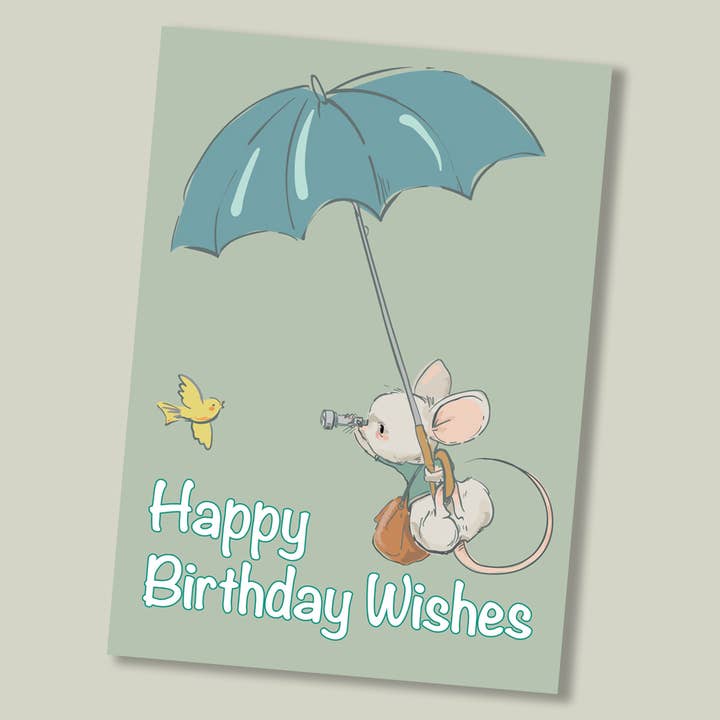 Tarjeta de felicitación de cumpleaños, ratón con forma de paraguas para venta al por mayor de Footle Publishing