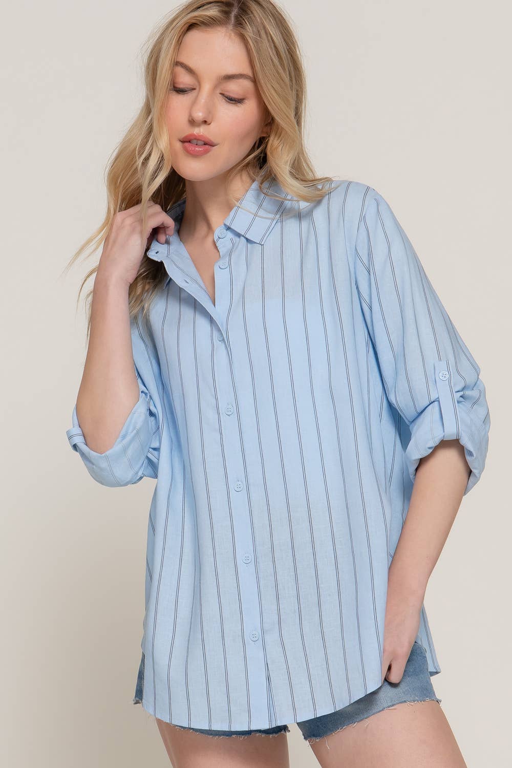 Active Basic | Active USA - Wholesale Button Down Shirt - Women's - Long Sleeve Button Down Stripe Linen Oversized Shirt3