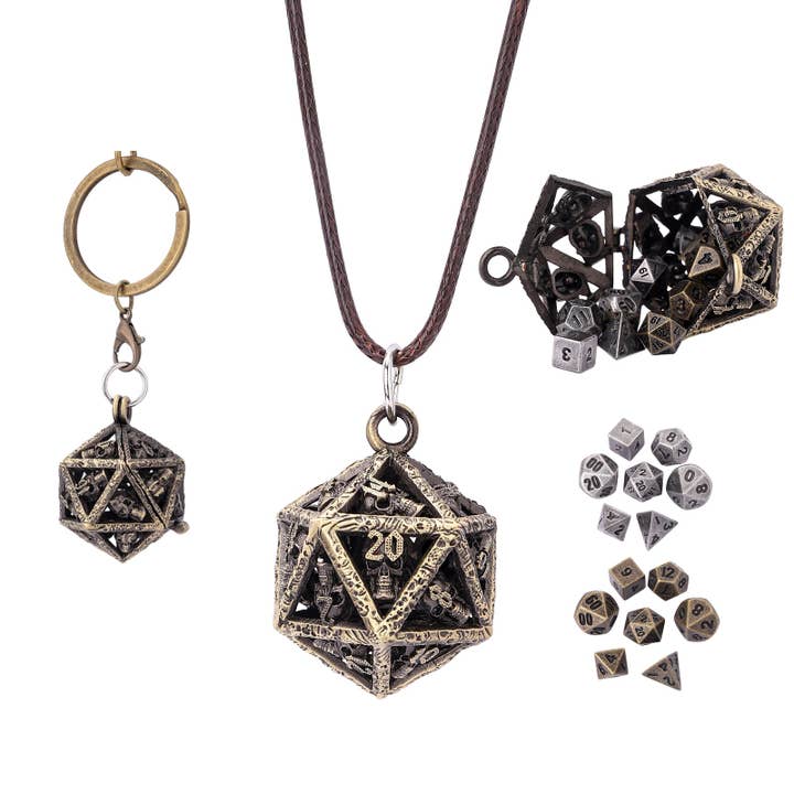 Hymgho Premium Dice - Vente Porte-clés – unisexe - Coffret cadeau Grimskul's D20 Locket - Or ancien