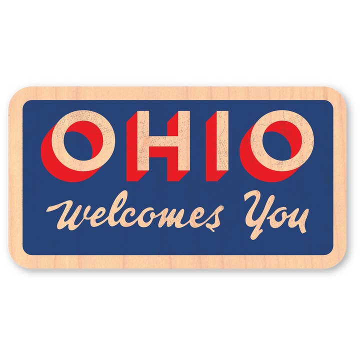 Mini autocollant en bois - panneau de bienvenue de l'Ohio pour la vente par Morris Magnets