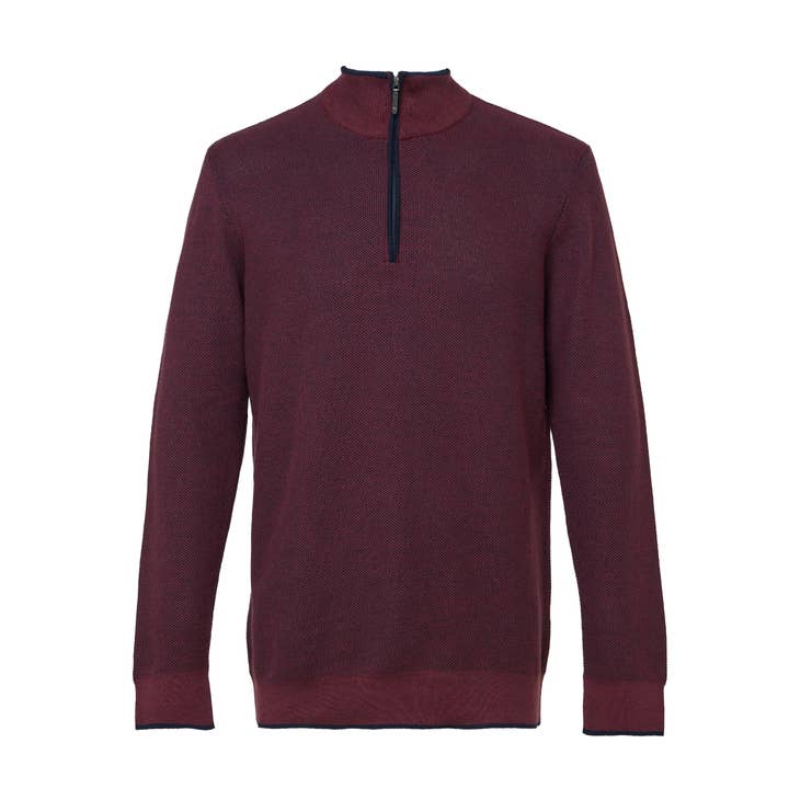 Pull à col zippé quart en maille gaufrée bicolore Bordeaux pour la vente par American Heritage