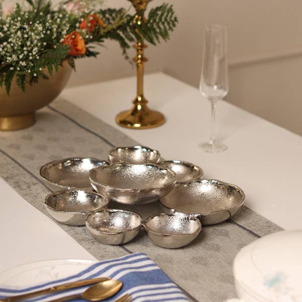 India Handicrafts Inc - Wholesale Platter - Silver Textured 9-Bowl Cluster Platter1