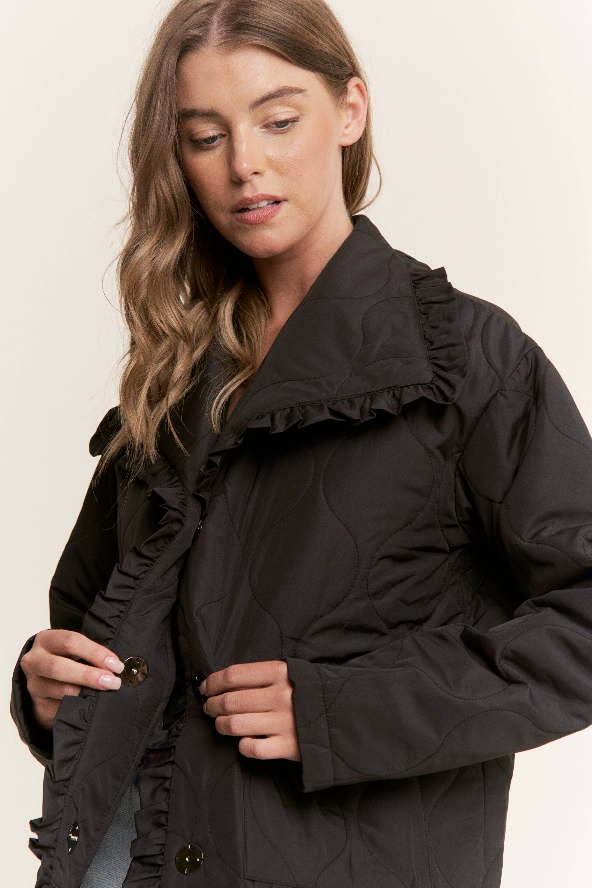 Sweet Generis - Wholesale Jacket - Women's - RUFFLE EDGE DETAIL QUILTED LOOSE FIT JACKET12