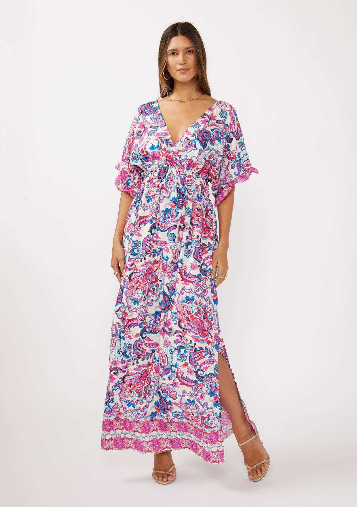 Natural Dusty Pink Floral Kimono Sleeve Smocked Waist Maxi Dress for wholesale on Faire4