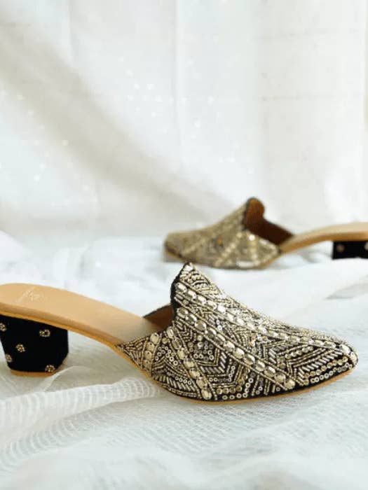 Black Gold Block Heel Mules for wholesale by Mojabella