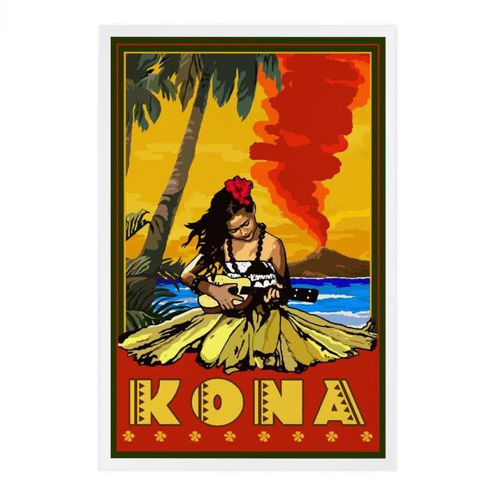 CARTOLINE PREMIUM Kona, Hawaii, Hula Girl e Ukulele per la vendita all'ingrosso da parte di Lantern Press