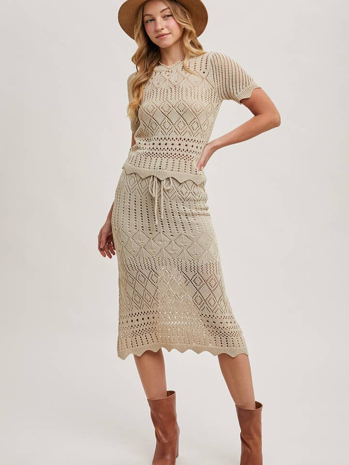 Bluivy – Großhandel Set aus Oberteil und Rock – Damen – GEHÄKELTES STRICKPULLOVER UND ROCK MIT WELLENSAUM-SET3