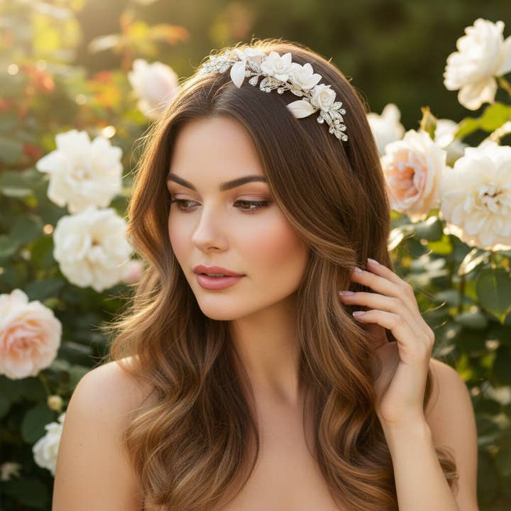 ATHENA COLLECTION - EXQUISITE ROSE HEADBAND - AHB197 SILVER for wholesale by Athena Bridal Jewellery