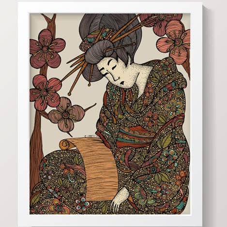 Impression artistique Geisha Archival 8x10 sur papier cartonné mat pour la vente par Valentina Harper