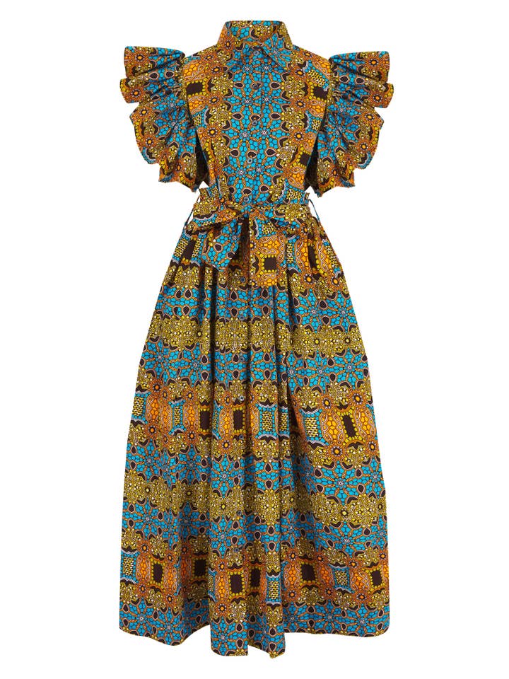 MUSTARD Akua Ruffle Sleeve African Print Maxi dress for wholesale on Faire