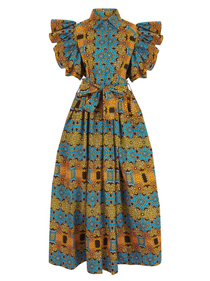 Akua Ruffle Sleeve African Print Maxi dress for wholesale by Ohema Ohene