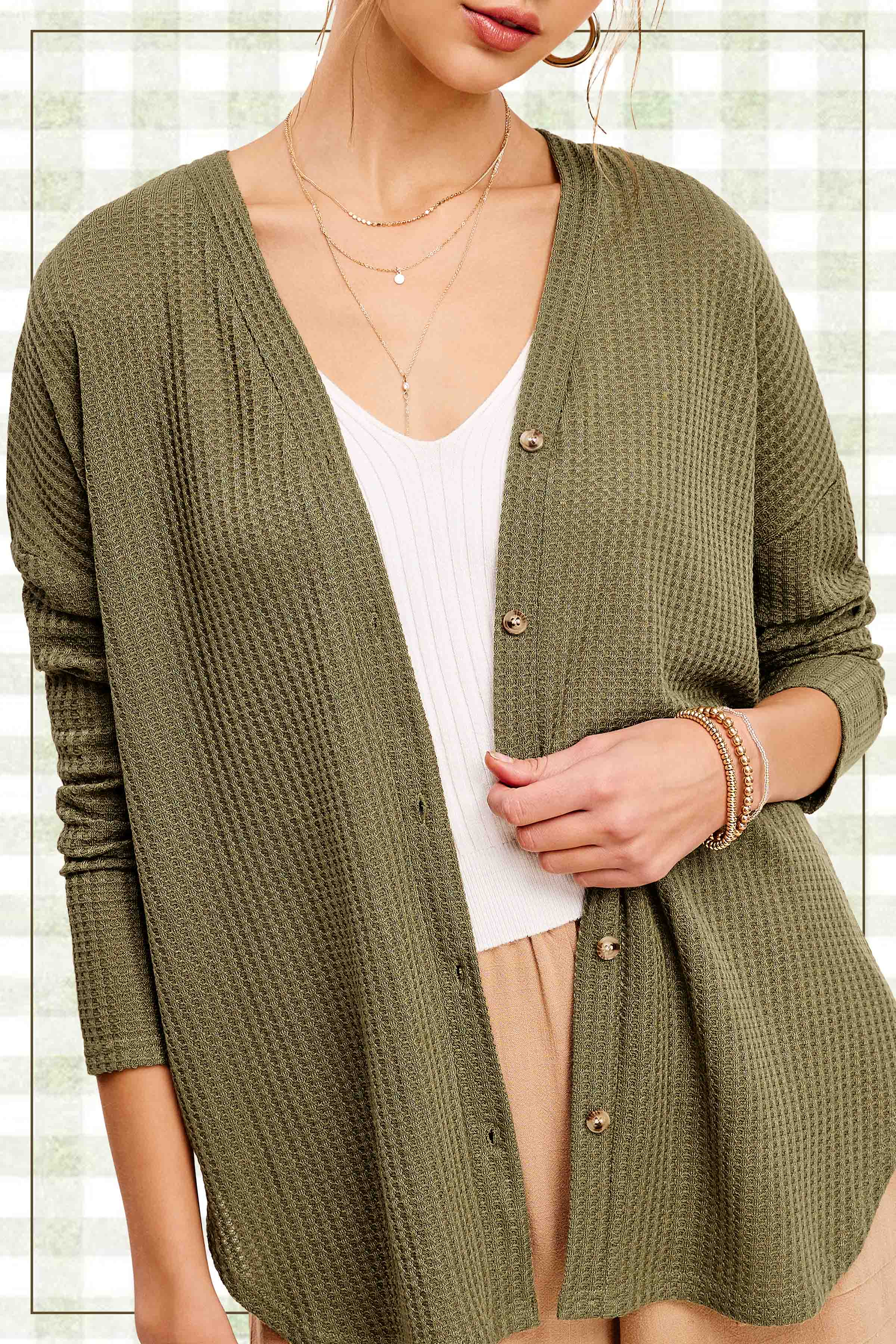 La Miel - Wholesale Cardigan - Women's - HBC2175-Soft Waffle Fabric Button Down Long Sleeve Cardigan8