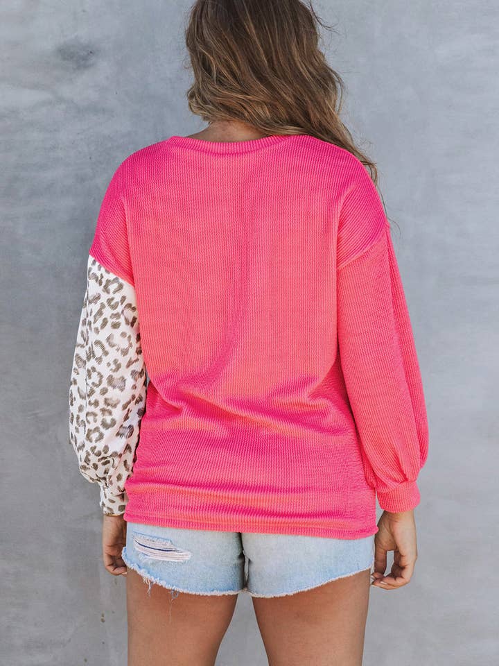 Rose Patchwork Color Block Ribbed Long Sleeve Top for wholesale on Faire