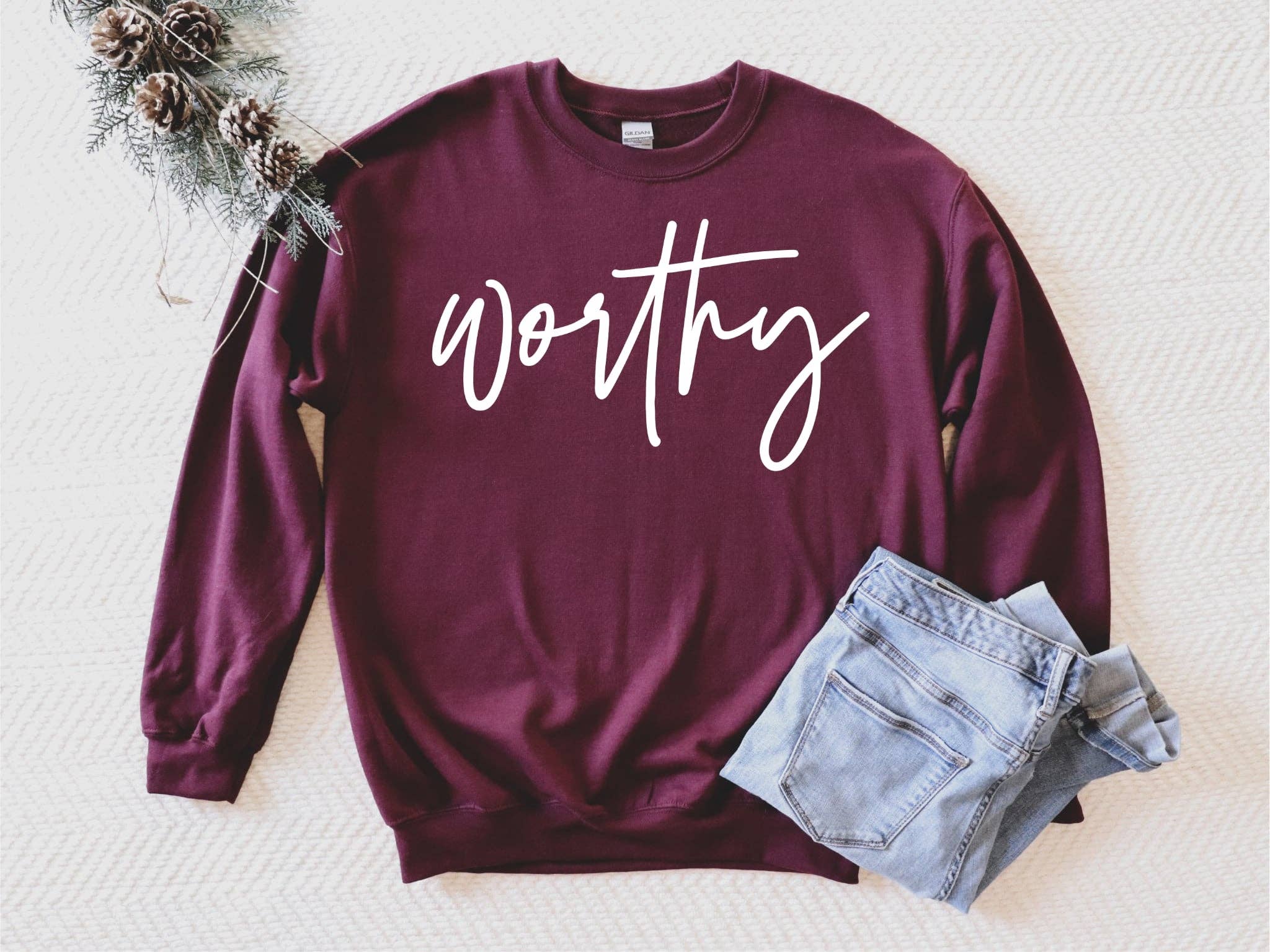 Fox and Owl Apparel-Graphic Tee's - Wholesale Graphic Sweatshirt - Women's - Christian Worthy Maroon Faith Cozy Graphic Sweatshirt
