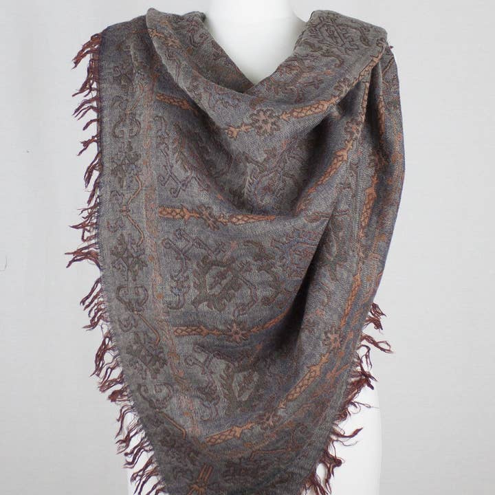 SVEZElife - Wholesale Sjaal - Dames - Jamdani Motif Jacquard Merino wollen sjaal - grijs oranje3