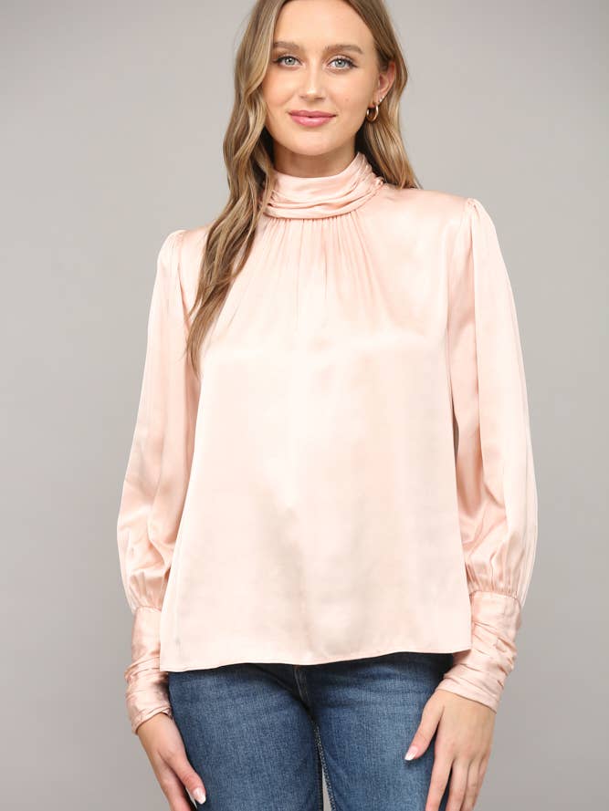 HIGH COLLAR LONG RUCHED SLV WITH ZIPPER DETAIL BLOUSE FT9569 for wholesale by FATE