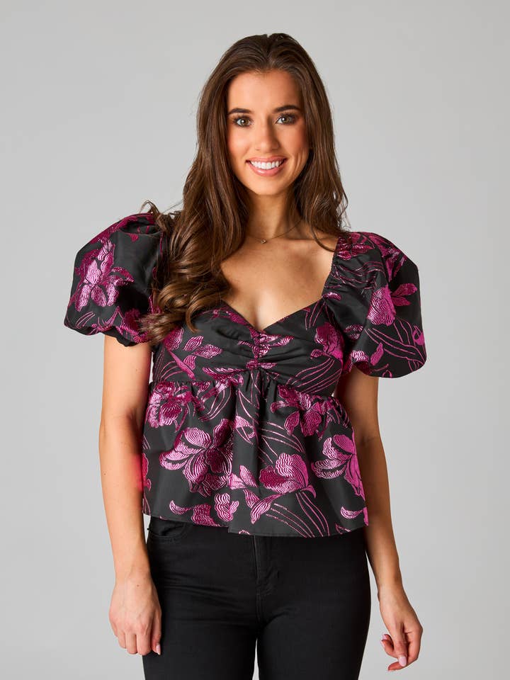 Blakely Raspberry Fizz Black And Pink Puff Sleeve Peplum Top for wholesale by BuddyLove