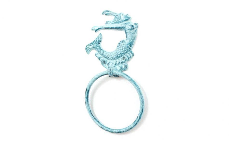 Hampton Ironworks – Gancho de parede por atacado – Porta-toalha rústico azul escuro caiado de ferro fundido arqueando sereia 9”1