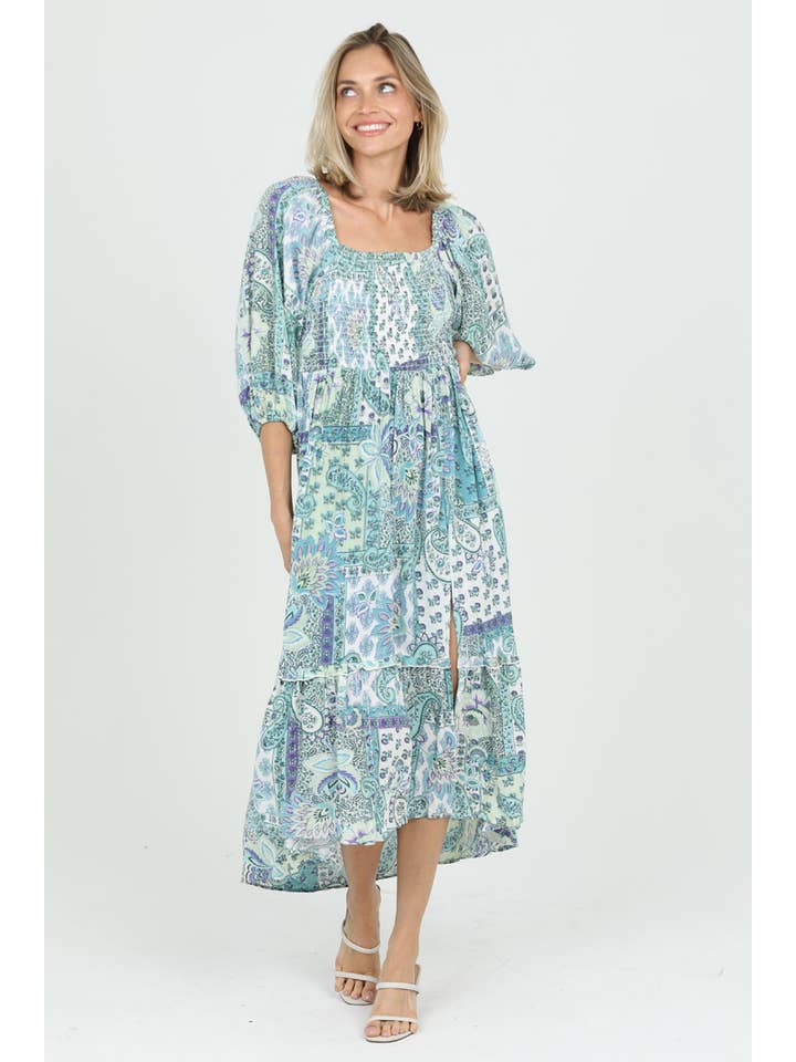 ANGIE - Wholesale Dress - Women's - C4B32-W909 SMOCKED BODICE MAXI DRESS WITH SLIT AND POCKETS