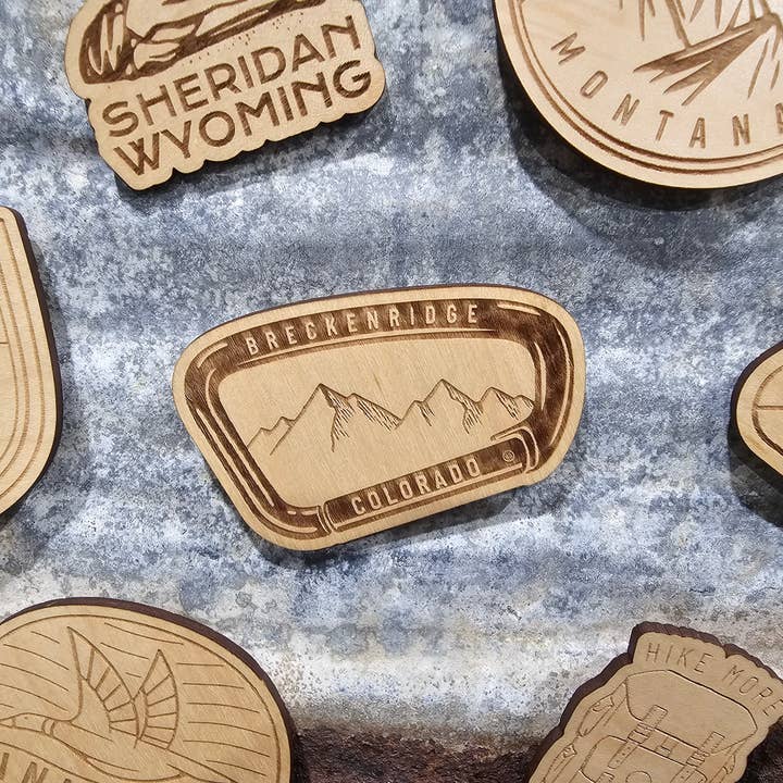 Custom State/Town Mountain Hiking Wood Magnet for wholesale by Black Sheep Design & Gift