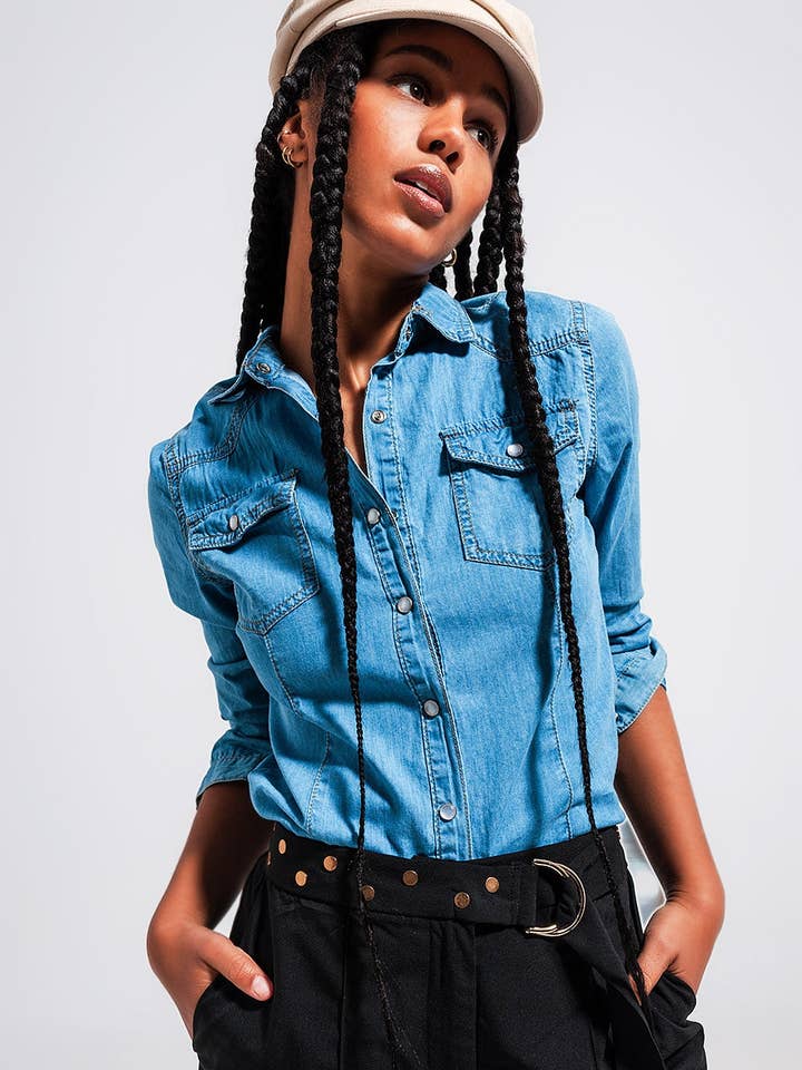 Denimskjorte i mellemblå for engroshandel hos Q2—All Orders:Free Duties for the US,UK,and Canada