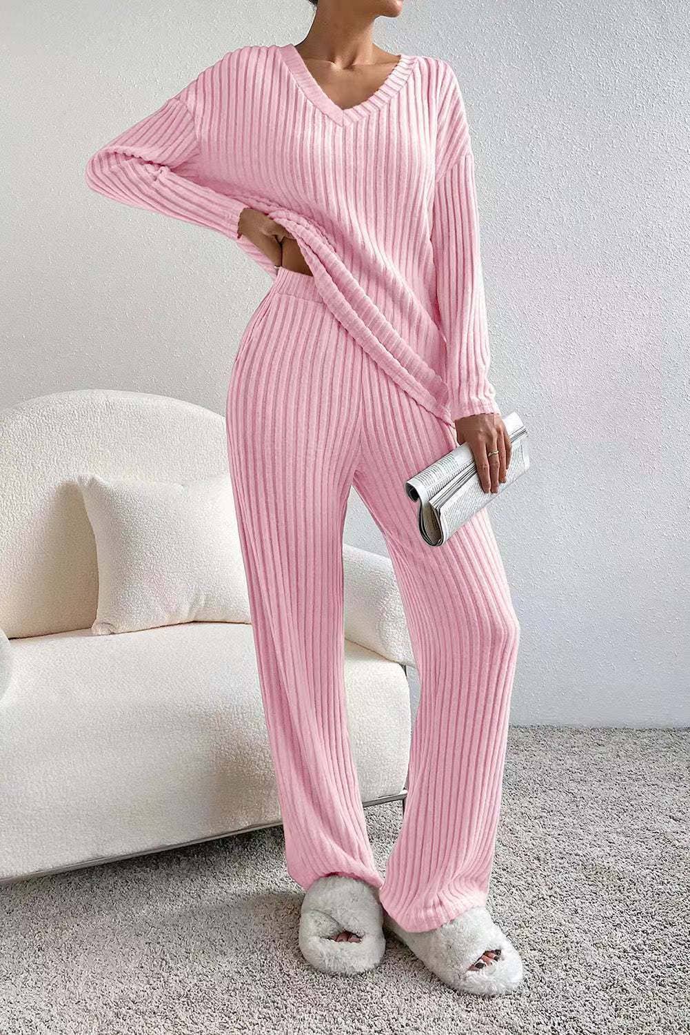 HIDDENBRAND - Wholesale Sleepwear Set - Women's - Ribbed Knit Long Sleeve Lounge Pajama Set6