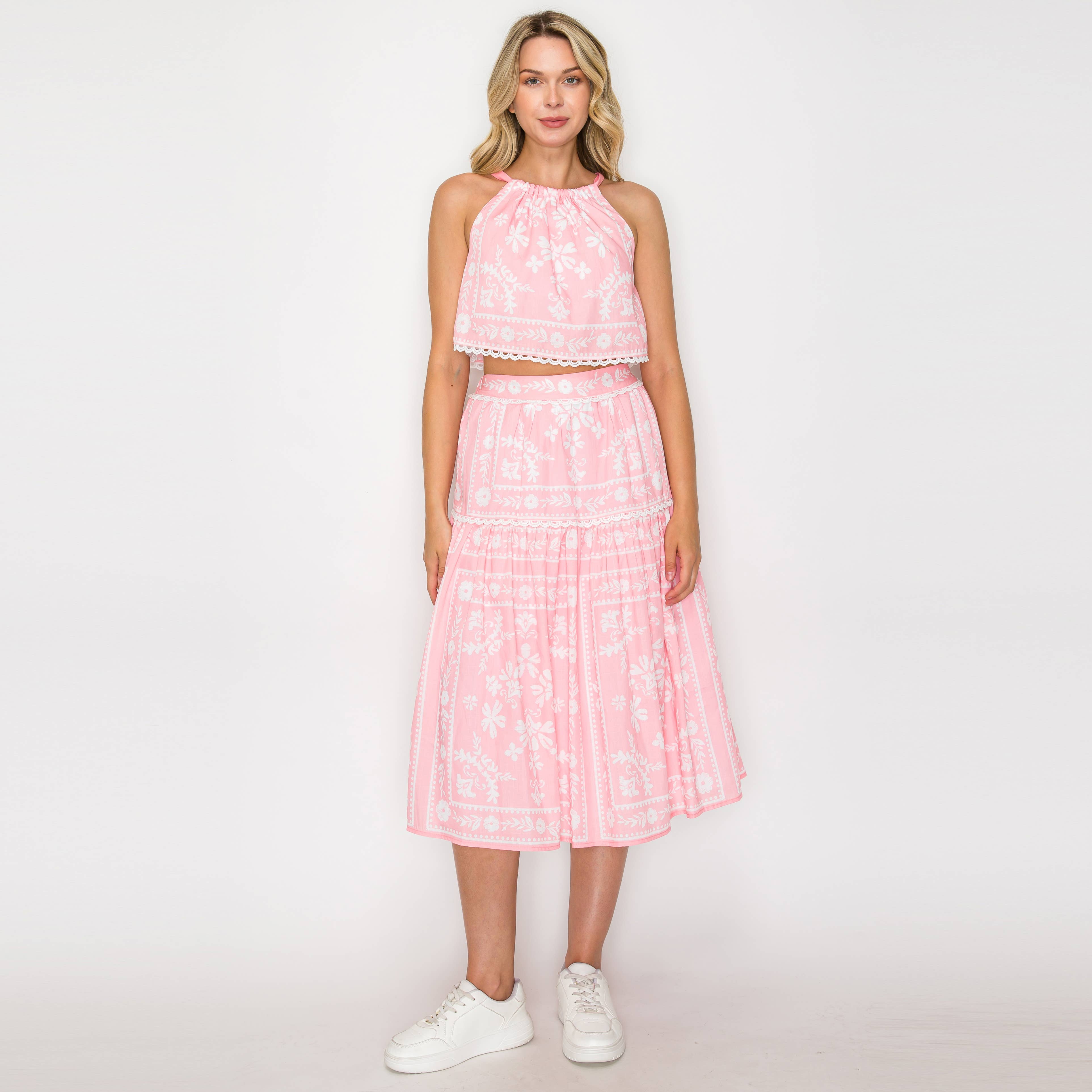 LoveWednesday - Vendita all'ingrosso Completo top e gonna - Donna - Set di Stampe "Guardami" - Rosa - LWT1934-SET