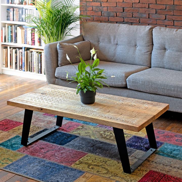 Handmade Mangowood Carved Top Coffee Table for wholesale by EcoIndia