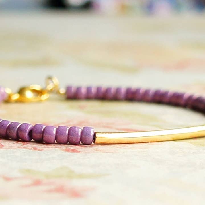 Lilac Purple Beads And Gold Filled Bar Bracelet for wholesale by Sentimento