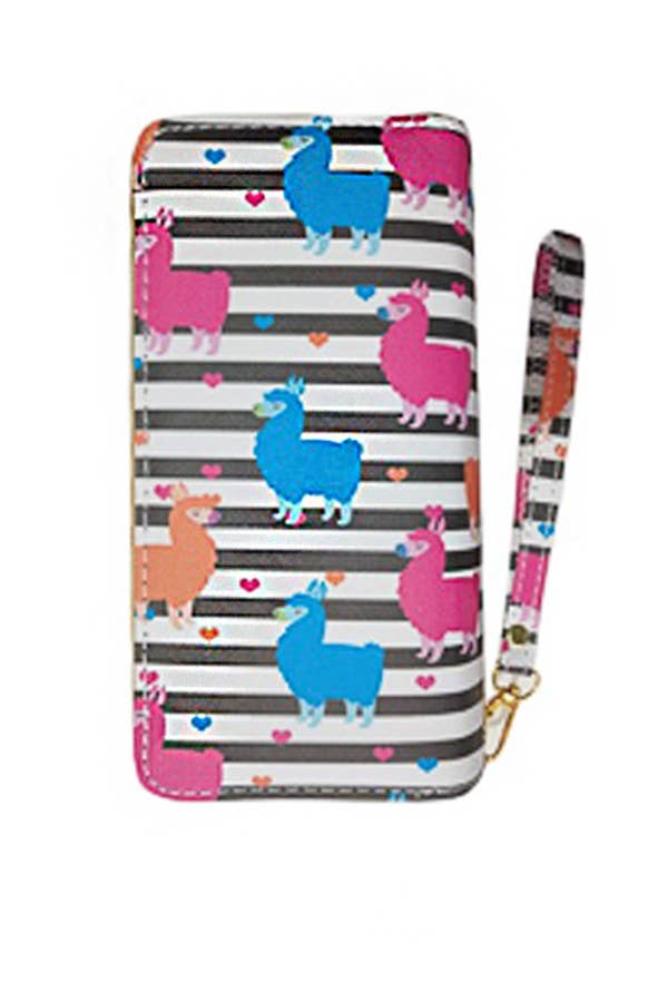 Cap Zone - Wholesale Wallet - Women's - Colorful Stripe Llama Print Double Zipper Wristlet Wallet1