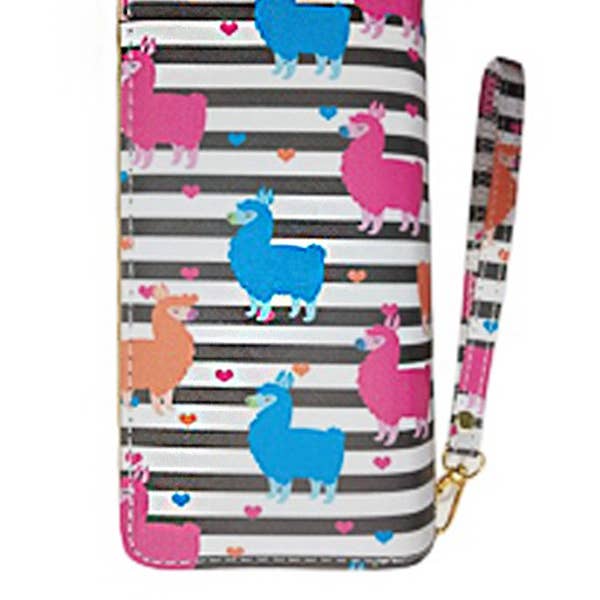 Cap Zone - Wholesale Wallet - Women's - Colorful Stripe Llama Print Double Zipper Wristlet Wallet1
