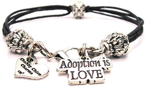 Chubby Chico Charms - Wholesale Charm/Dangle Bracelet - Adoption is Love Pewter Beaded Black Cord Bracelet0