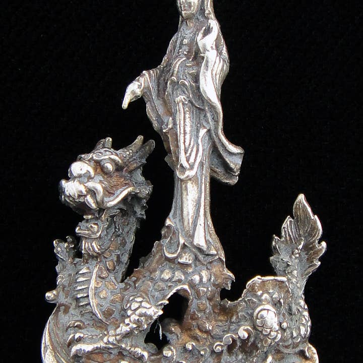 Tika - Wholesale Decorative Figurine - Brass Deity Statuette -Small- Quan Yin on Dragon