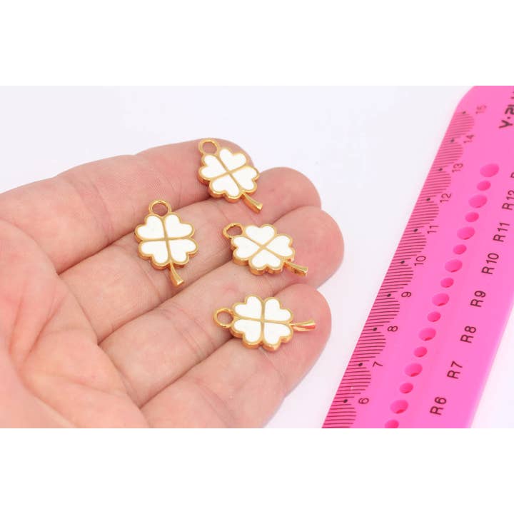 13x22mm 24k Blankt Guld Vit Emalj Klöverberlocker, MLS280 för wholesale av QueenJewelryM