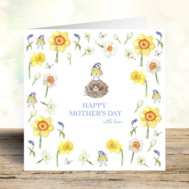 Blue Tit and Daffodil Mother's Day Card for wholesale by West Country Designs
