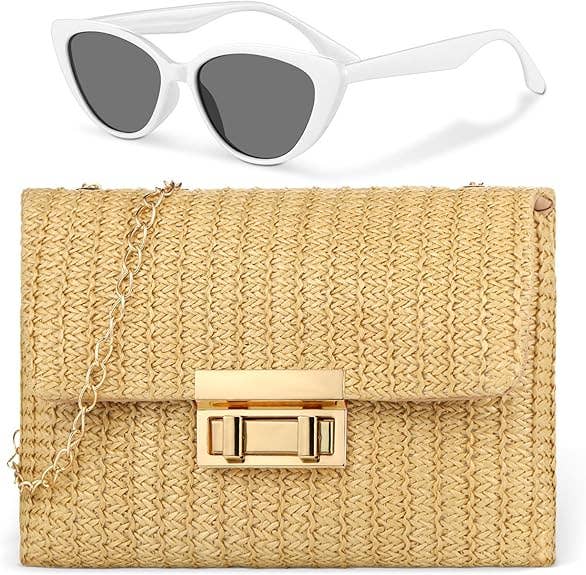 Crover - Wholesale Clutch Bag - Women's - Straw Clutch Crossbody Bag & Retro Sunglasses Set 0