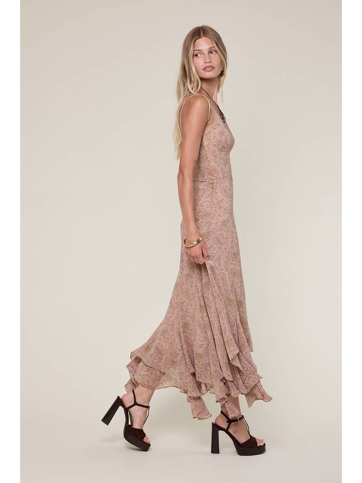 BELLEZZA BROWN PAISLEY HIGH-LOW RUFFLE DOWN MIDI DRESS for wholesale on Faire2