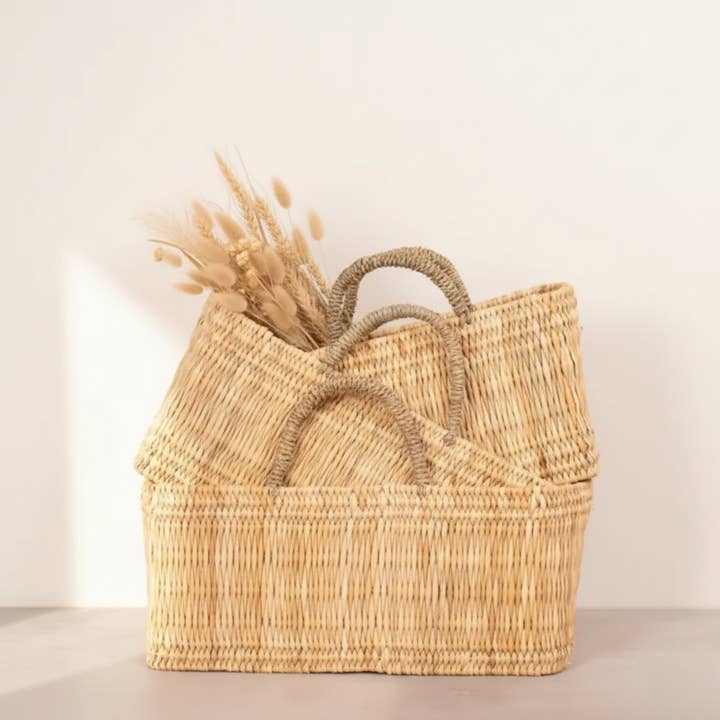 Handwoven Reed Basket Storage Bin Boho Nursery Decor for wholesale by Melecraft