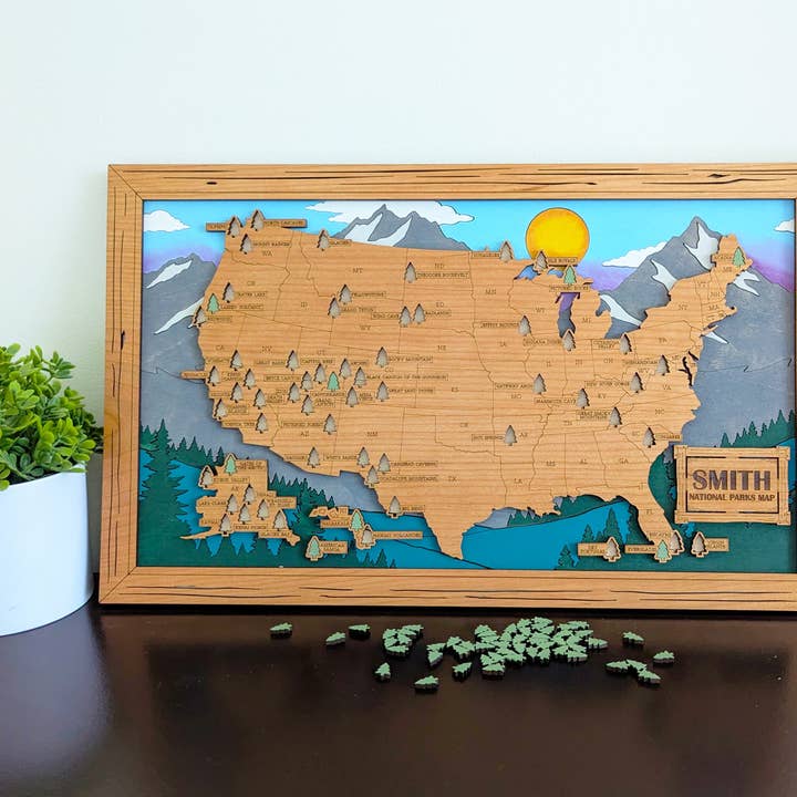 NEW US National Parks Travel Map, National Parks Marker, US Travel Map, family road trip tracker, travel home decor, gift for hiker for wholesale by Roots & Routes Co