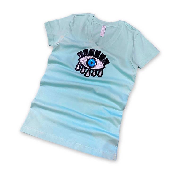 The Design Chambers - Wholesale T-shirt – women's - Juniors V Neck Evil Eye Sequined tee (aqua)2