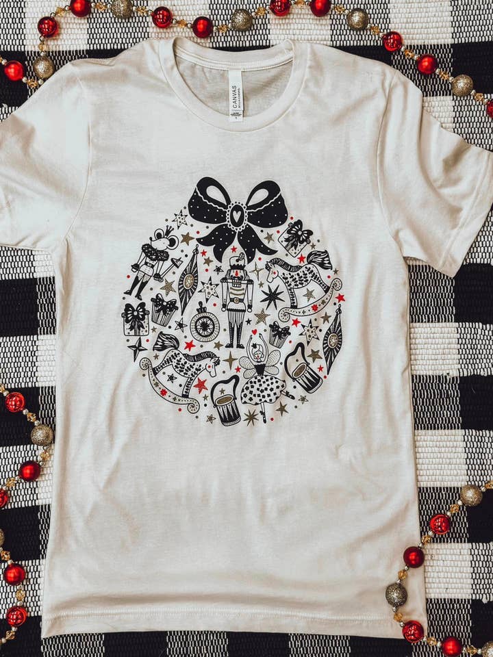 Small Town Society Apparel Co. - Wholesale Screen Printed T-Shirt - Women's - Nutcracker Christmas | Vintage White | Short Sleeve Tee
